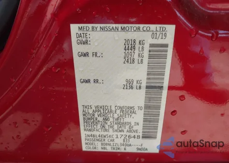 2019 Nissan Altima 2.5 Sl z USA, uszkodzony, nr VIN 1N4BL4EW5KC172648